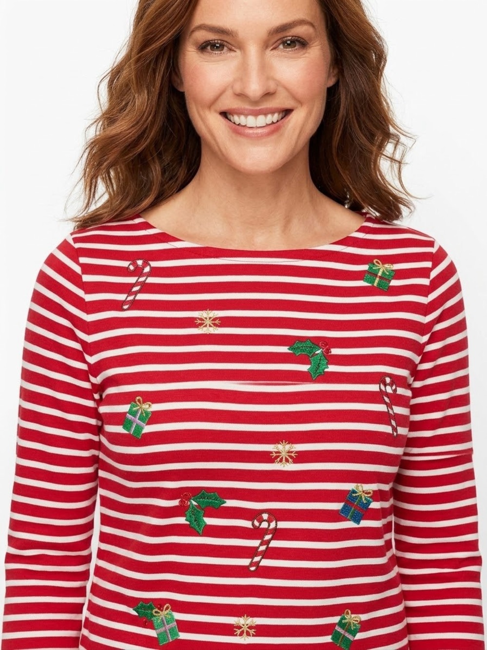 Cotton Christmas Holiday Embroidered Striped Long Sleeve Top - Petite